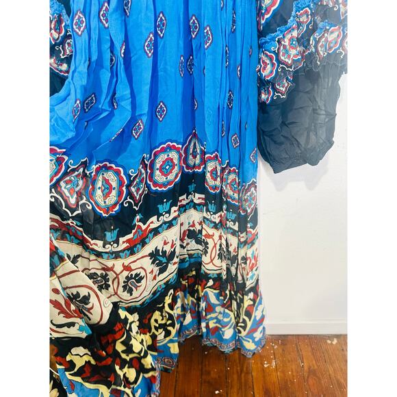 FARM RIO Blue Black Bell Sleeve Ainika Tiles Flowy V-Neck Maxi Gown Size XS - Picture 12 of 14